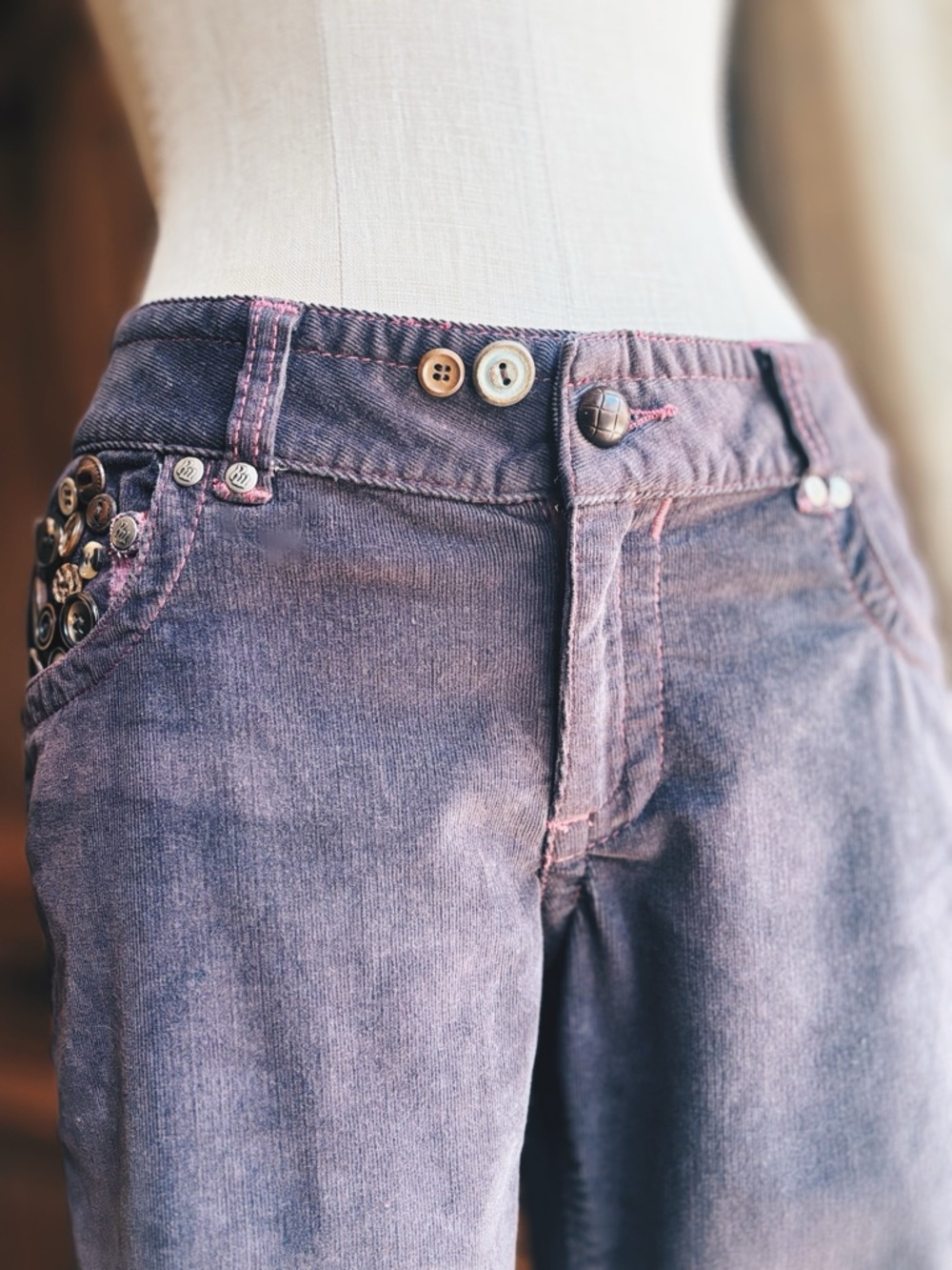 OOAK Artisan Repurposed Rocawear Plum Corduroy Flare Pants Vintage Buttons - Picture 2 of 13